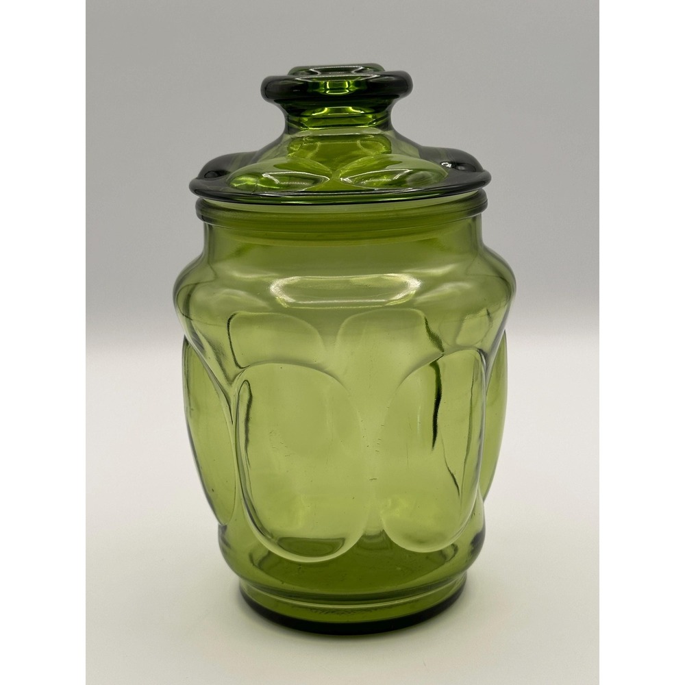 Vintage Avocado Green Glass Canister with Embossed Lid - 1970s Retro Kitchen